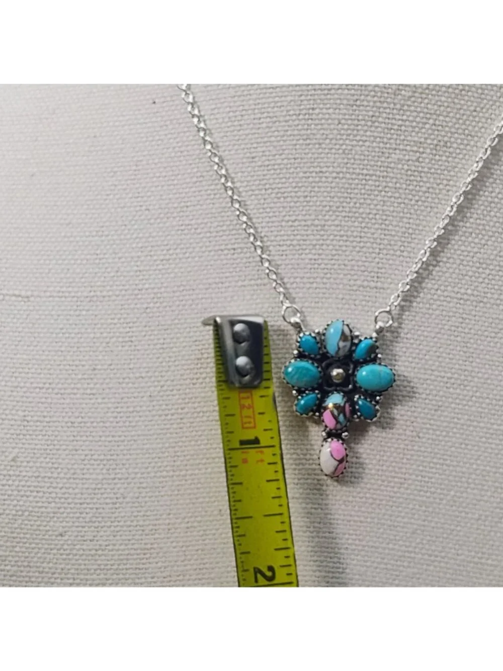Southwest Sterling Silver Cotton Candy Turquoise Cluster Flower Pendant Necklace